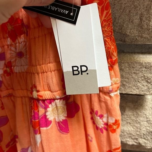 BP SHIRRED PUFF SLEEVE COTTON PRAIRIE DRESS CORAL ALYSSA GROOVE FLORAL Large - Picture 6 of 9